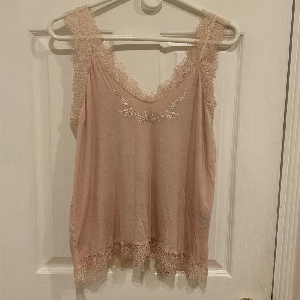 POL Women's Tank Top Blouse Blush Pink Lace Fringe Ruffle Hem Size S